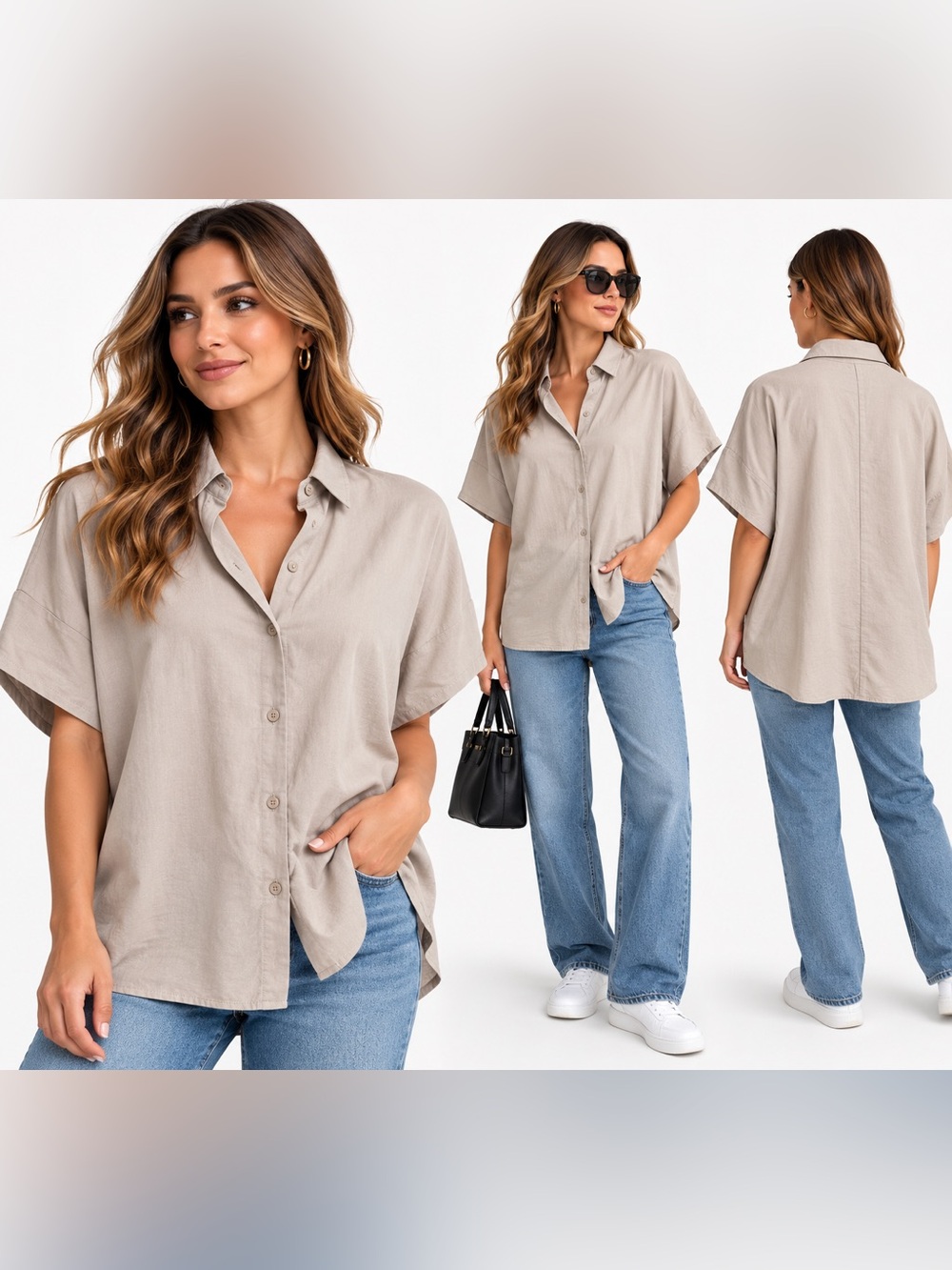 Uniqlo Women’s Relaxed Short Sleeve Button-Up Shirt Beige Taupe Size XS